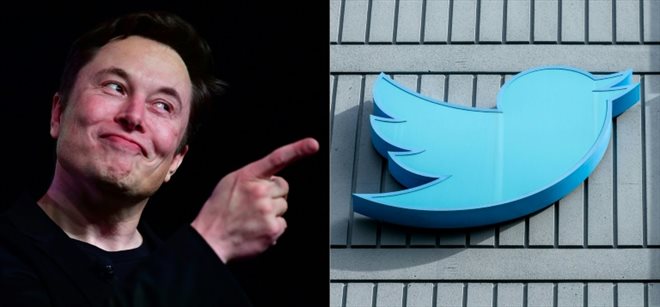 Elon Musk le 14 mars 2019 à Hawthorne, Californie, et l'ancien logo de Twitter