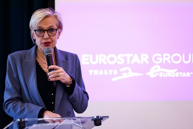 La directrice générale d'Eurostar Group, Gwendoline Cazenave, lors d'une conférence de presse à Bruxelles, le 24 janvier 2023