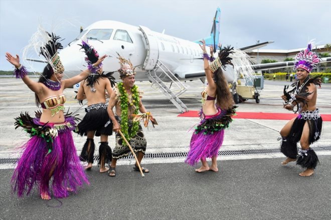 Cérémonie de lancement à l'aéroport de Rarotonga, dans les îles Cook, le 13 août 2022, du premier vol d'Air Rarotonga vers Tahiti, après presque deux ans d'arrêt lié au Covid