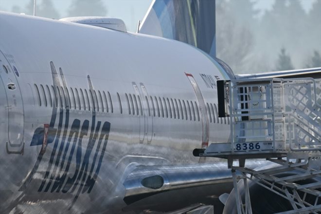 La porte manquante du Boeing 737 MAX 9 d'Alaska Airlines impliqué dans l'incident du 5 janvier, à l'aéroport international de Portland, le 23 janvier 2024