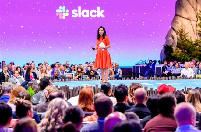 Lidiane Jones, directrice générale de Slack, lors d'une présentation pendant la conférence annuelle de Salesforce à San Francisco le 14 septembre 2023 
