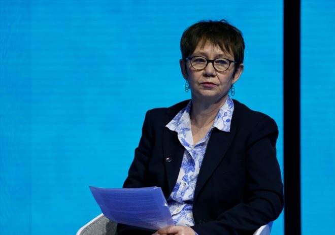 Odile Renaud-Basso, présidente de la Berd, à Brest, dans le Finistère, le 11 février 2022