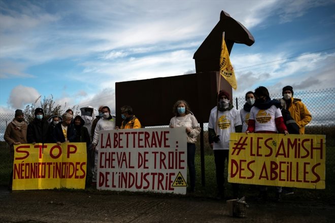 Des activistes anti-néonicotinoïdes et des apiculteurs manifestent devant l'entrée d'un site de Bayer à Montbéqui, dans le Tarn-et-Garonne, le 26 octobre 2020