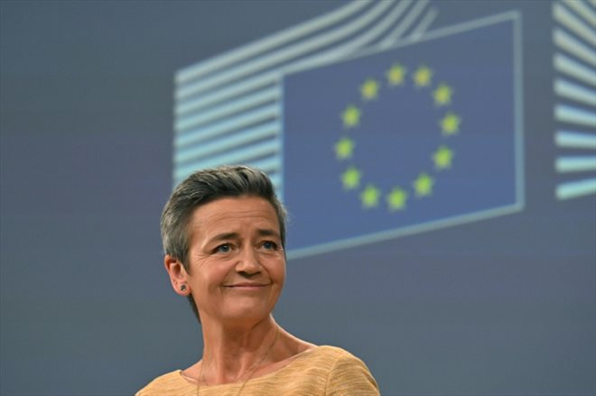 La commissaire européenne à la Concurrence, Margrethe Vestager, s'exprime lors d'une conférence de presse à Bruxelles le 10 septembre 2024