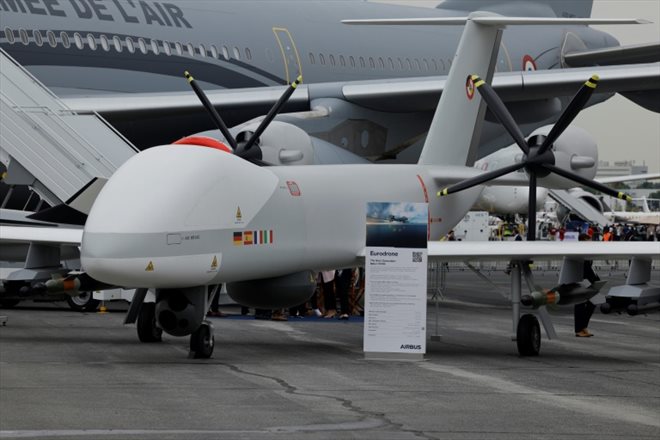 Un Eurodrone présenté au salon de l'aéronautique et de l'espace du Bourget, le 20 juin 2023 près de Paris