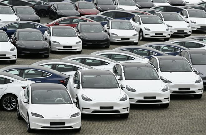 Des voitures Tesla sur un port de Belgique, le 21 juin 2024