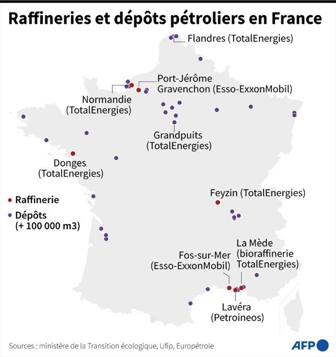 Les raffineries et principaux dépôts pétroliers en France métropolitaine