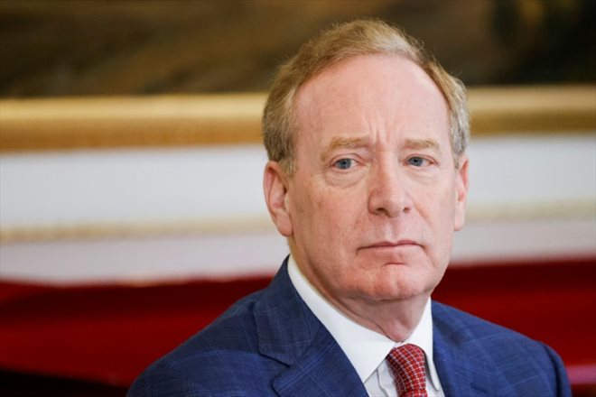 Le dirigeant de Microsoft Brad Smith à l'Elysée, le 10 novembre 2023, pour le 5e sommet de l'appel de Christchurch visant à lutter contre les contenus en ligne terroristes, en marge du Forum de Paris sur la paix