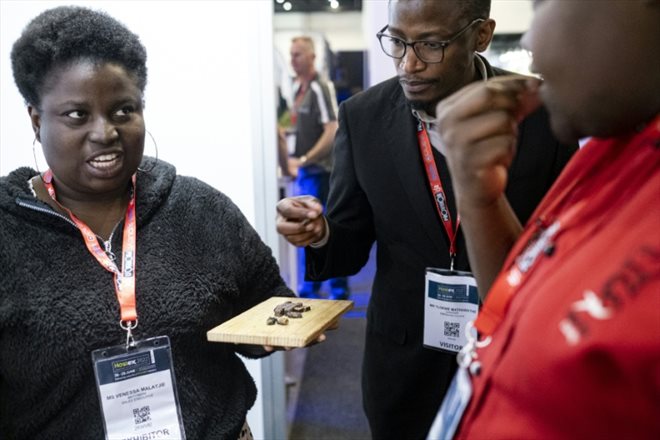 Une vendeuse (à gauche) propose une dégustation de chocolat fabriqué avec de la farine à base de chenilles mopanes, lors d'un salon de l'alimentation dans le quartier d'affaires de Sandton, à Johannesburg, le 27 juin 2022