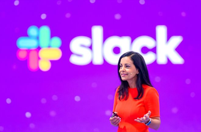 Lidiane Jones, directrice générale de Slack, lors d'une présentation pendant la conférence annuelle de Salesforce à San Francisco le 14 septembre 2023 