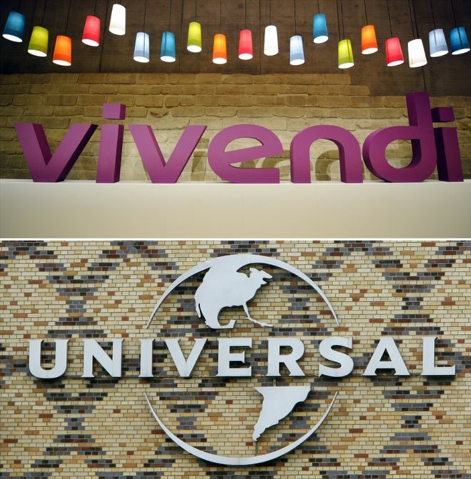 Combo photo réalisé en 2018 montrant les logos de Vivendi et d'Universal Music Group