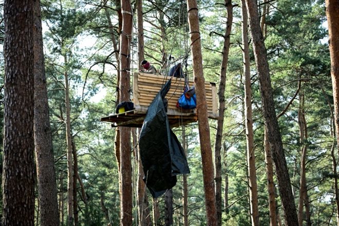 Un militant écologiste occupe une cabane dans la forêt de Gruenheide, au sud-est de Berlin, le 29 février 2024, pour protester contre le projet du constructeur américain de voitures électriques Tesla d'abattre les arbres pour agrandir son usine