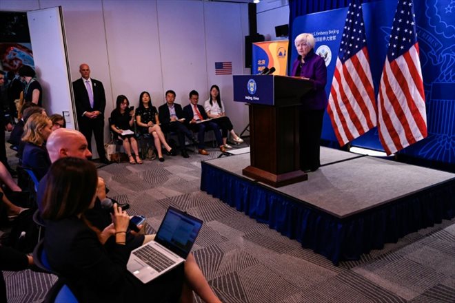 La secrétaire américaine au Trésor, Janet Yellen, lors d'une conférence de presse à Pékin, le 9 juillet 2023