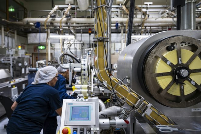 Une ligne de production de snus à l'usine Swedish Match, le 17 octobre 2023 à Göteborg, en Suède