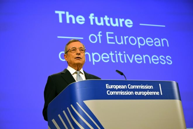 L'ancien président de la BCE Mario Draghi, lors d'une conférence de presse à Bruxelles sur la compétitivité de l'Union européenne, le 19 septembre 2024