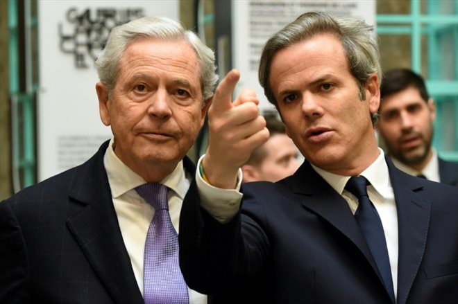 Philippe Houzé (g) et Guillaume Houzé lors de la présentation à la presse du nouveau grand magasin Galeries Lafayette sur les Champs Elysées, le 26 mars 2019 à Paris