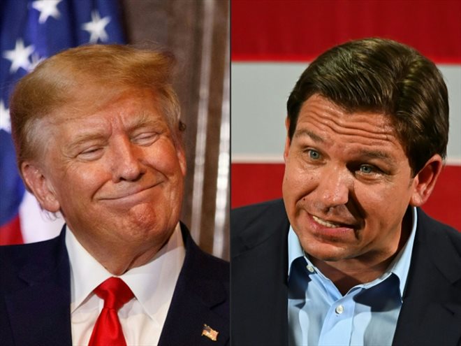 L'ex-président américain Donald Trump, le 5 mai 2023 à Columbia en Caroline du Sud, et le gouverneur de Floride Ron DeSantis à Hialeah, en Floride, le 7 novembre 2022