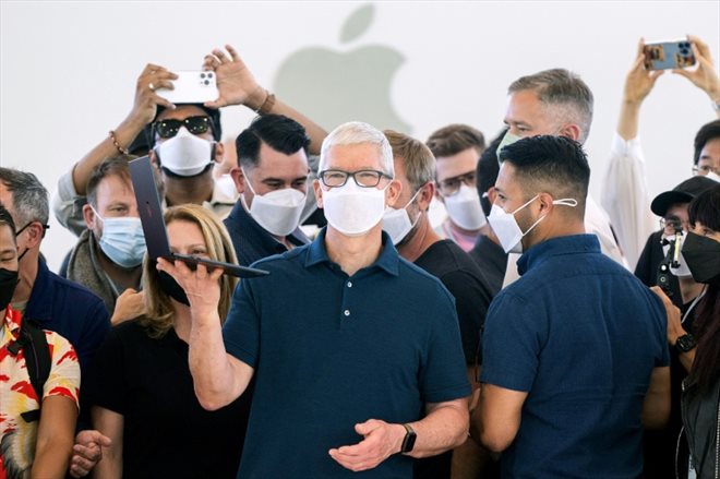 Le patron d'Apple Tim Cook, lors de la conférence annuelle des développeurs organisée à Cupertino en Californie, le 6 juin 2022