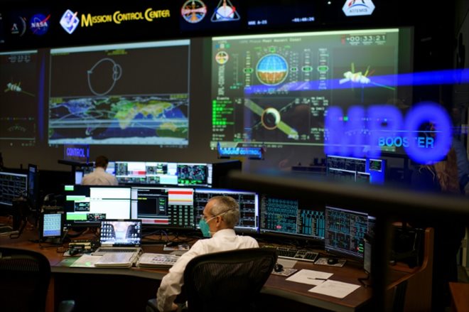 La salle de contrôle des vols du programme Artémis de retour sur la Lune, au centre spatial Johnson de la Nasa, le 5 août 2022 à Houston, au Texas