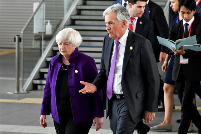 La secrétaire au Trésor Janet Yellen et le président de la banque centrale américaine Jerome Powell, lors du G7 Finances à Niigata, au Japon, le 12 mai 2023