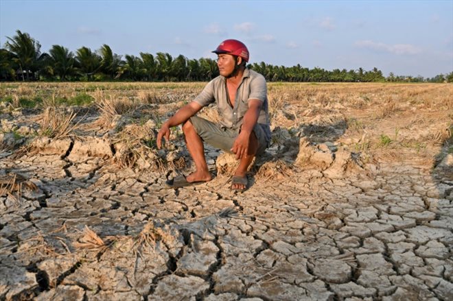 Un agriculteur assis dans son champ de riz desséché dans la province de Ben Tre, le 19 mars 2024 dans le sud du Vietnam