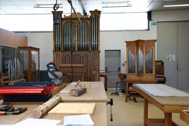 L'atelier du Centre de formation de la facture d'orgue à Eschau, dans l'est de la France, le 5 septembre 2023