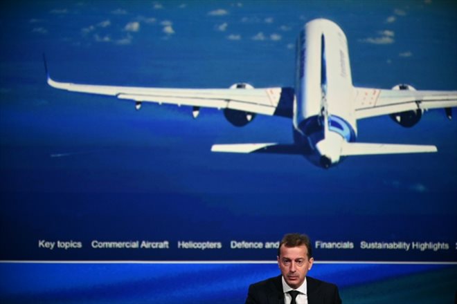 Le président exécutif d'Airbus Guillaume Faury, lors de la présentation des résultats du groupe pour 2023, à Blagnac, dans la banlieue de Toulouse, le 15 février 2024